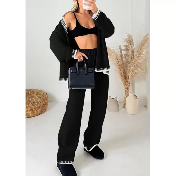 PRETTYGARDEN Womens 2 Piece Outfits Knit Matching Lounge Sets Long Sleeve V Neck Cardigan Sweaters Wide Leg Pants TracksuitsBlack