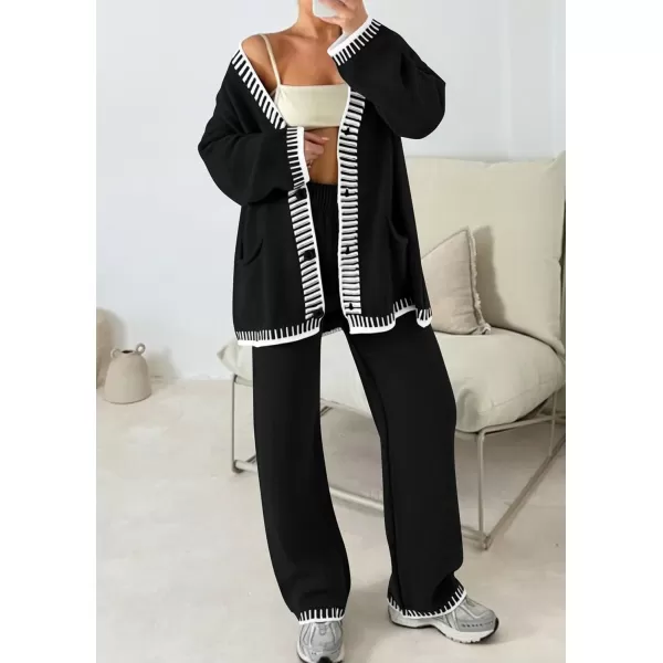 PRETTYGARDEN Womens 2 Piece Outfits Knit Matching Lounge Sets Long Sleeve V Neck Cardigan Sweaters Wide Leg Pants TracksuitsBlack