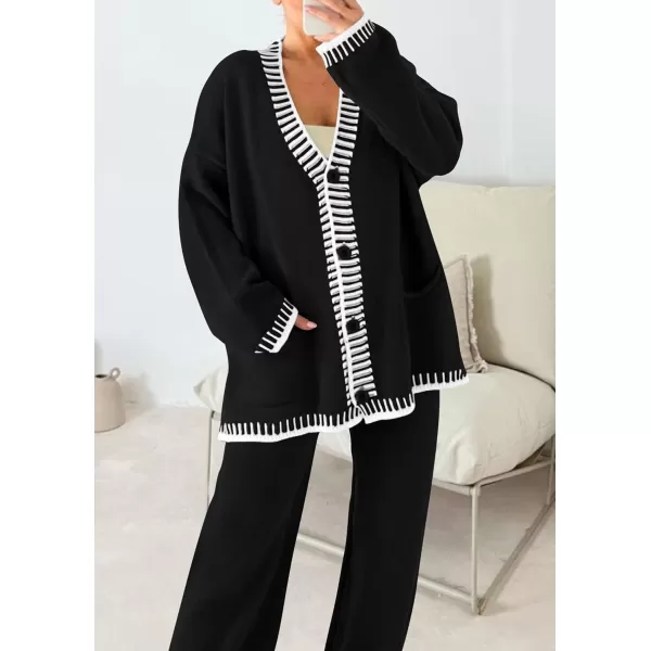 PRETTYGARDEN Womens 2 Piece Outfits Knit Matching Lounge Sets Long Sleeve V Neck Cardigan Sweaters Wide Leg Pants TracksuitsBlack