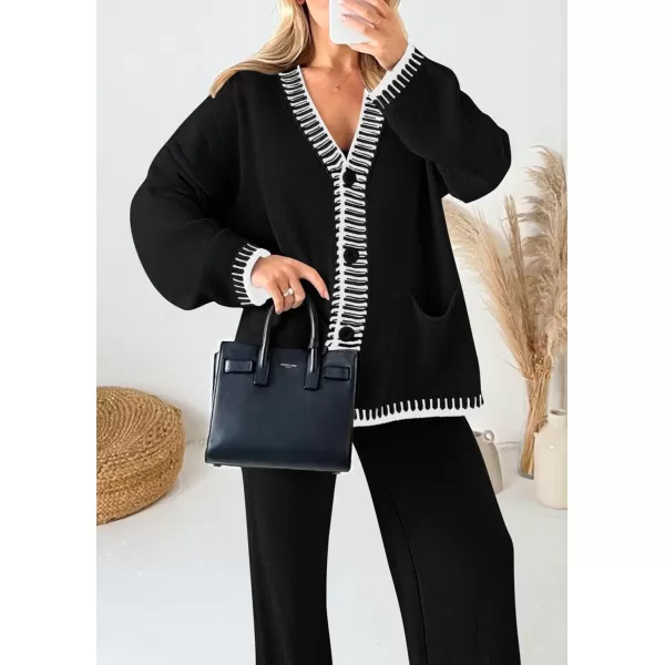 PRETTYGARDEN Womens 2 Piece Outfits Knit Matching Lounge Sets Long Sleeve V Neck Cardigan Sweaters Wide Leg Pants TracksuitsBlack