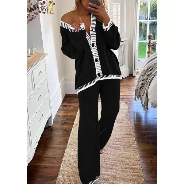 PRETTYGARDEN Womens 2 Piece Outfits Knit Matching Lounge Sets Long Sleeve V Neck Cardigan Sweaters Wide Leg Pants TracksuitsBlack