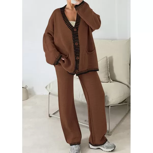 PRETTYGARDEN Womens 2 Piece Outfits Knit Matching Lounge Sets Long Sleeve V Neck Cardigan Sweaters Wide Leg Pants TracksuitsCoffee
