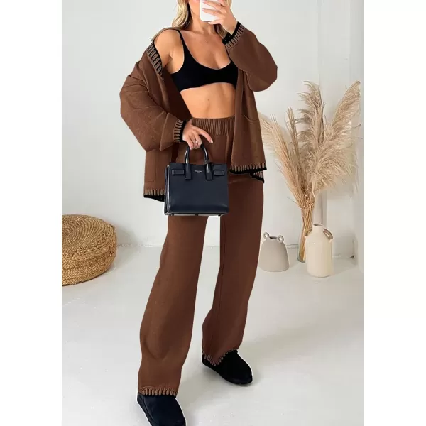 PRETTYGARDEN Womens 2 Piece Outfits Knit Matching Lounge Sets Long Sleeve V Neck Cardigan Sweaters Wide Leg Pants TracksuitsCoffee