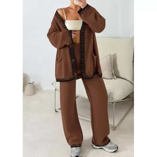 PRETTYGARDEN Womens 2 Piece Outfits Knit Matching Lounge Sets Long Sleeve V Neck Cardigan Sweaters Wide Leg Pants TracksuitsCoffee