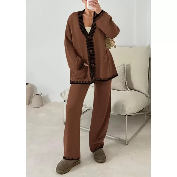 PRETTYGARDEN Womens 2 Piece Outfits Knit Matching Lounge Sets Long Sleeve V Neck Cardigan Sweaters Wide Leg Pants TracksuitsCoffee