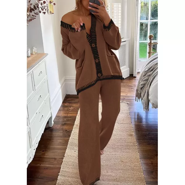 PRETTYGARDEN Womens 2 Piece Outfits Knit Matching Lounge Sets Long Sleeve V Neck Cardigan Sweaters Wide Leg Pants TracksuitsCoffee