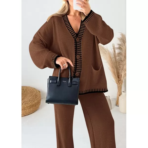 PRETTYGARDEN Womens 2 Piece Outfits Knit Matching Lounge Sets Long Sleeve V Neck Cardigan Sweaters Wide Leg Pants TracksuitsCoffee
