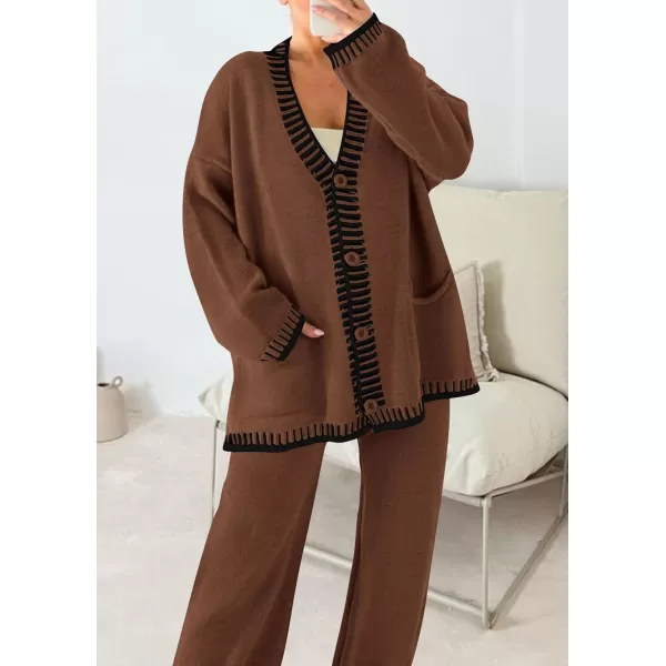 PRETTYGARDEN Womens 2 Piece Outfits Knit Matching Lounge Sets Long Sleeve V Neck Cardigan Sweaters Wide Leg Pants TracksuitsCoffee