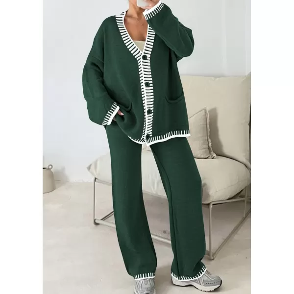 PRETTYGARDEN Womens 2 Piece Outfits Knit Matching Lounge Sets Long Sleeve V Neck Cardigan Sweaters Wide Leg Pants TracksuitsDark Green