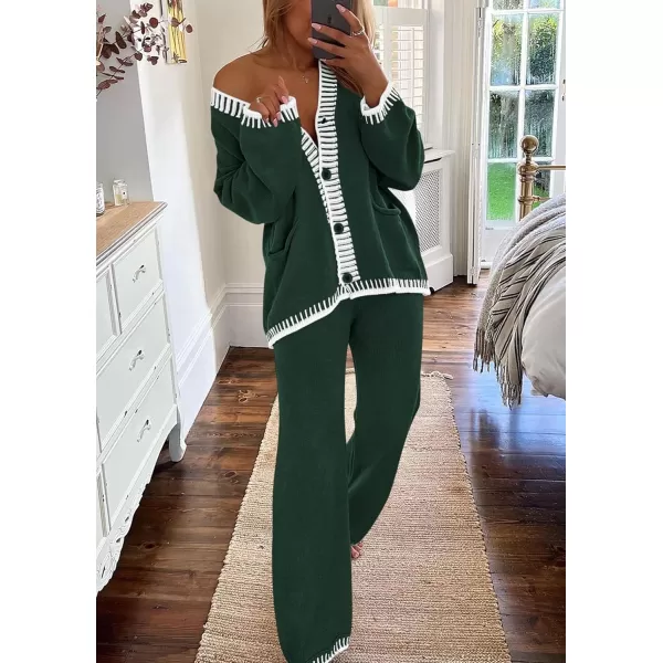 PRETTYGARDEN Womens 2 Piece Outfits Knit Matching Lounge Sets Long Sleeve V Neck Cardigan Sweaters Wide Leg Pants TracksuitsDark Green