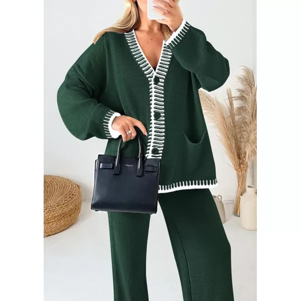 PRETTYGARDEN Womens 2 Piece Outfits Knit Matching Lounge Sets Long Sleeve V Neck Cardigan Sweaters Wide Leg Pants TracksuitsDark Green