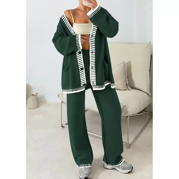 PRETTYGARDEN Womens 2 Piece Outfits Knit Matching Lounge Sets Long Sleeve V Neck Cardigan Sweaters Wide Leg Pants TracksuitsDark Green