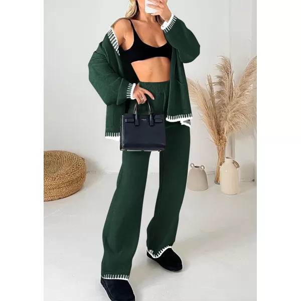 PRETTYGARDEN Womens 2 Piece Outfits Knit Matching Lounge Sets Long Sleeve V Neck Cardigan Sweaters Wide Leg Pants TracksuitsDark Green