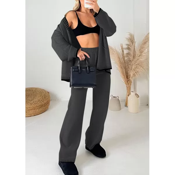 PRETTYGARDEN Womens 2 Piece Outfits Knit Matching Lounge Sets Long Sleeve V Neck Cardigan Sweaters Wide Leg Pants TracksuitsDark Grey