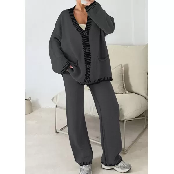 PRETTYGARDEN Womens 2 Piece Outfits Knit Matching Lounge Sets Long Sleeve V Neck Cardigan Sweaters Wide Leg Pants TracksuitsDark Grey