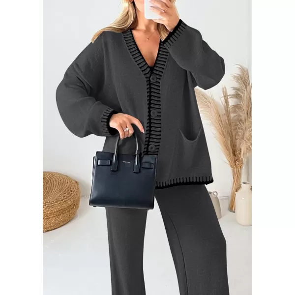 PRETTYGARDEN Womens 2 Piece Outfits Knit Matching Lounge Sets Long Sleeve V Neck Cardigan Sweaters Wide Leg Pants TracksuitsDark Grey