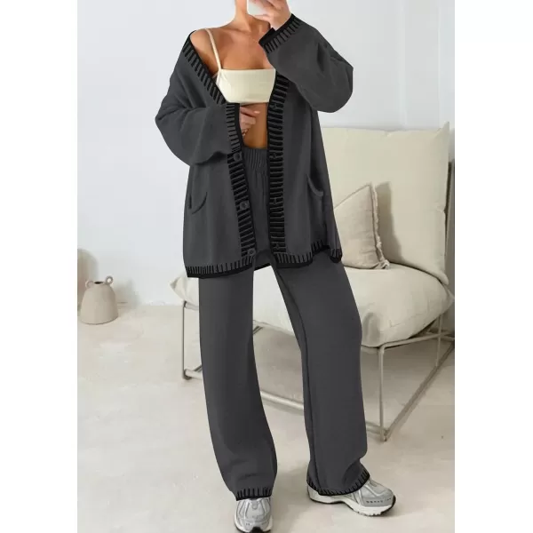 PRETTYGARDEN Womens 2 Piece Outfits Knit Matching Lounge Sets Long Sleeve V Neck Cardigan Sweaters Wide Leg Pants TracksuitsDark Grey