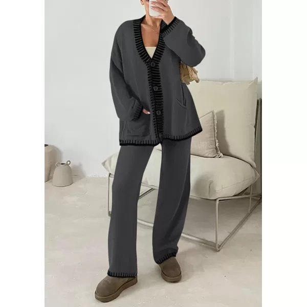 PRETTYGARDEN Womens 2 Piece Outfits Knit Matching Lounge Sets Long Sleeve V Neck Cardigan Sweaters Wide Leg Pants TracksuitsDark Grey