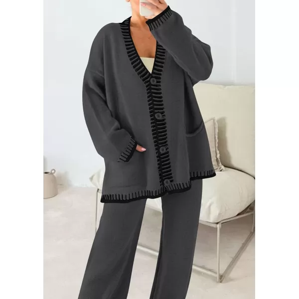 PRETTYGARDEN Womens 2 Piece Outfits Knit Matching Lounge Sets Long Sleeve V Neck Cardigan Sweaters Wide Leg Pants TracksuitsDark Grey