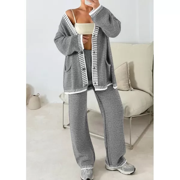 PRETTYGARDEN Womens 2 Piece Outfits Knit Matching Lounge Sets Long Sleeve V Neck Cardigan Sweaters Wide Leg Pants TracksuitsGrey