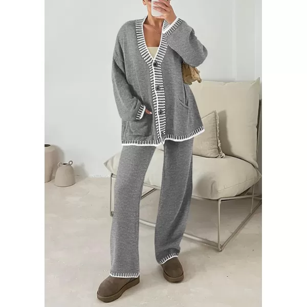 PRETTYGARDEN Womens 2 Piece Outfits Knit Matching Lounge Sets Long Sleeve V Neck Cardigan Sweaters Wide Leg Pants TracksuitsGrey