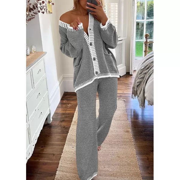 PRETTYGARDEN Womens 2 Piece Outfits Knit Matching Lounge Sets Long Sleeve V Neck Cardigan Sweaters Wide Leg Pants TracksuitsGrey