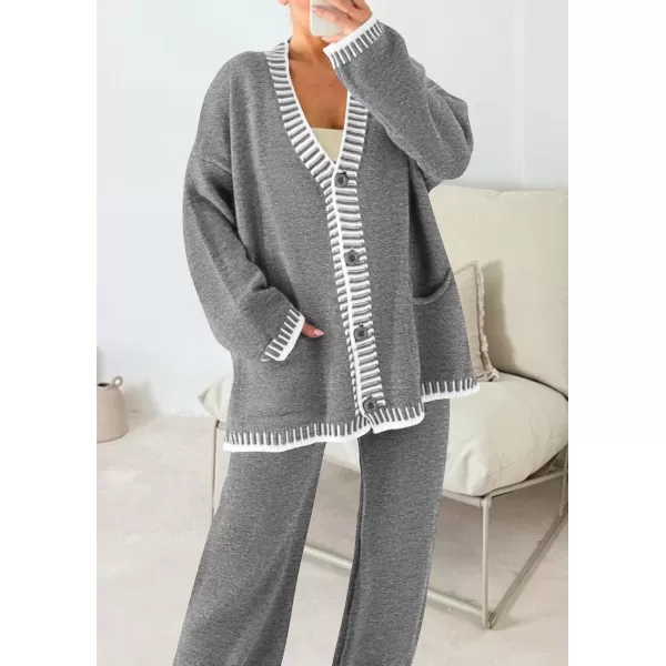 PRETTYGARDEN Womens 2 Piece Outfits Knit Matching Lounge Sets Long Sleeve V Neck Cardigan Sweaters Wide Leg Pants TracksuitsGrey