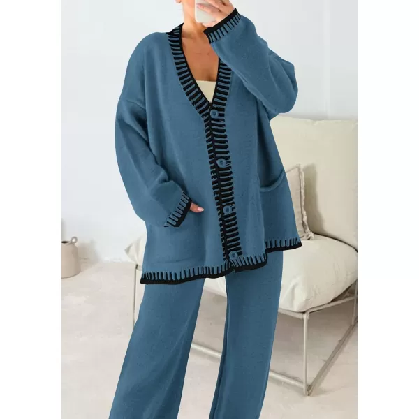 PRETTYGARDEN Womens 2 Piece Outfits Knit Matching Lounge Sets Long Sleeve V Neck Cardigan Sweaters Wide Leg Pants TracksuitsGrey Blue