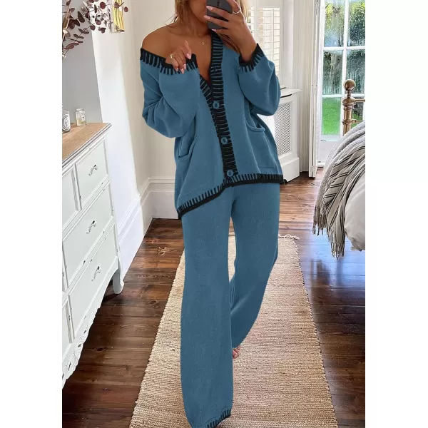PRETTYGARDEN Womens 2 Piece Outfits Knit Matching Lounge Sets Long Sleeve V Neck Cardigan Sweaters Wide Leg Pants TracksuitsGrey Blue