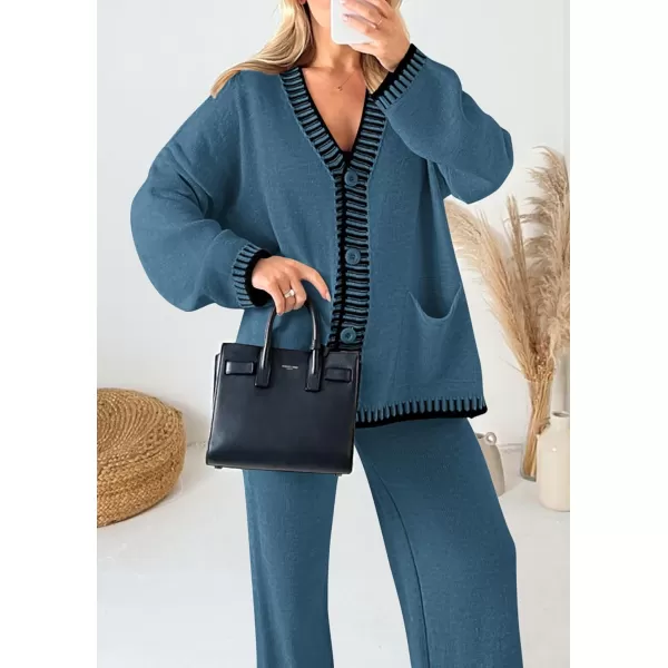 PRETTYGARDEN Womens 2 Piece Outfits Knit Matching Lounge Sets Long Sleeve V Neck Cardigan Sweaters Wide Leg Pants TracksuitsGrey Blue