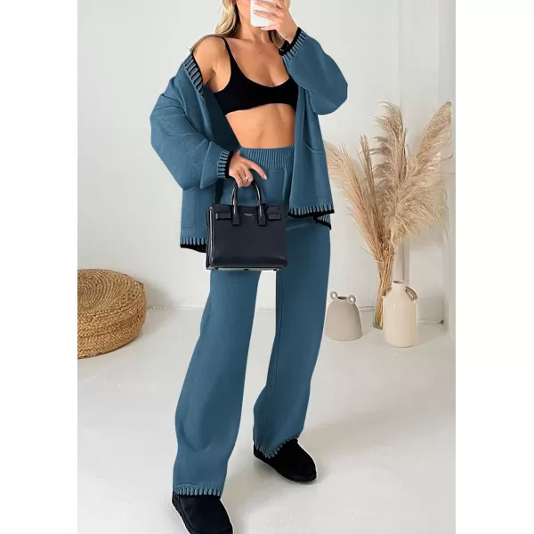 PRETTYGARDEN Womens 2 Piece Outfits Knit Matching Lounge Sets Long Sleeve V Neck Cardigan Sweaters Wide Leg Pants TracksuitsGrey Blue