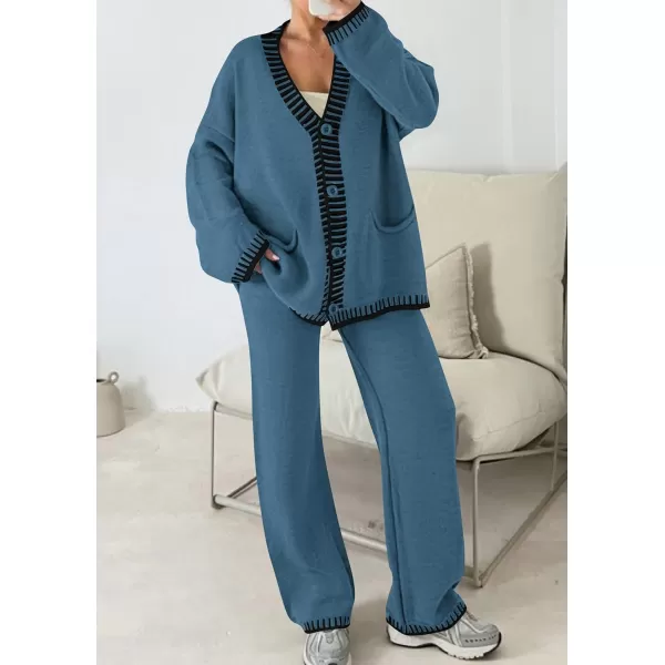 PRETTYGARDEN Womens 2 Piece Outfits Knit Matching Lounge Sets Long Sleeve V Neck Cardigan Sweaters Wide Leg Pants TracksuitsGrey Blue
