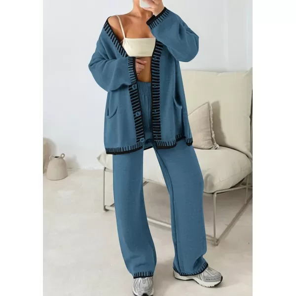 PRETTYGARDEN Womens 2 Piece Outfits Knit Matching Lounge Sets Long Sleeve V Neck Cardigan Sweaters Wide Leg Pants TracksuitsGrey Blue