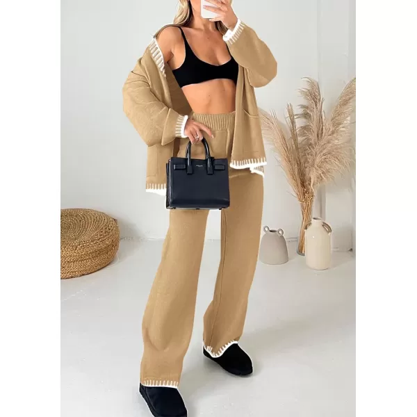 PRETTYGARDEN Womens 2 Piece Outfits Knit Matching Lounge Sets Long Sleeve V Neck Cardigan Sweaters Wide Leg Pants TracksuitsKhaki