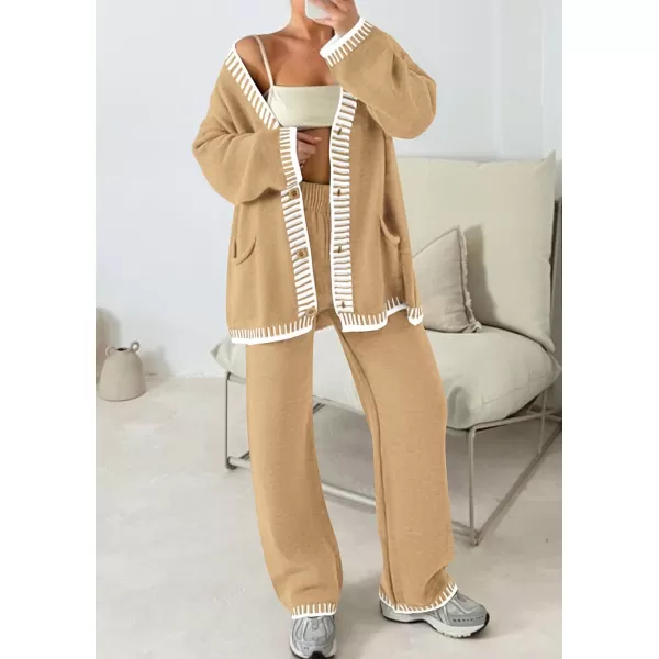 PRETTYGARDEN Womens 2 Piece Outfits Knit Matching Lounge Sets Long Sleeve V Neck Cardigan Sweaters Wide Leg Pants TracksuitsKhaki