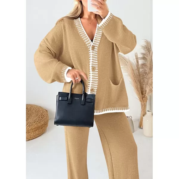 PRETTYGARDEN Womens 2 Piece Outfits Knit Matching Lounge Sets Long Sleeve V Neck Cardigan Sweaters Wide Leg Pants TracksuitsKhaki