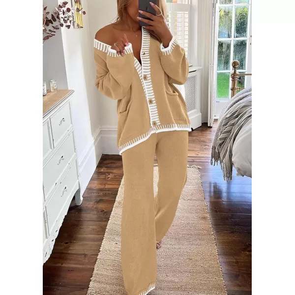 PRETTYGARDEN Womens 2 Piece Outfits Knit Matching Lounge Sets Long Sleeve V Neck Cardigan Sweaters Wide Leg Pants TracksuitsKhaki