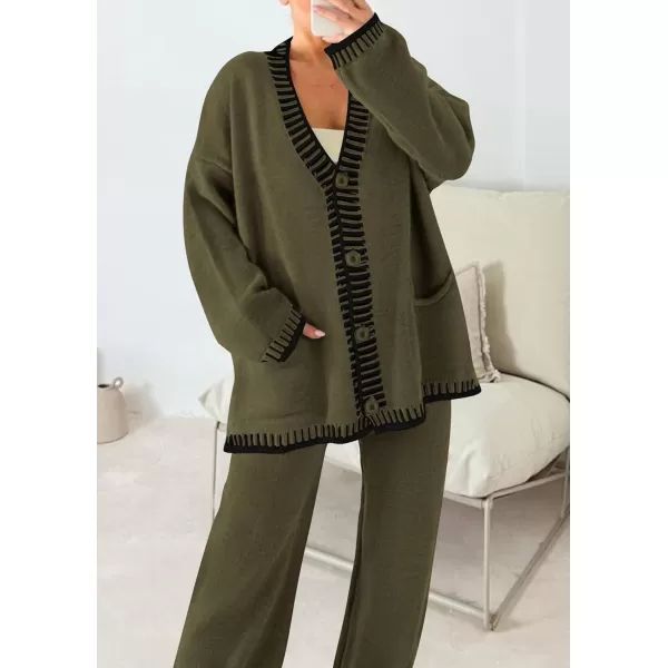 PRETTYGARDEN Womens 2 Piece Outfits Knit Matching Lounge Sets Long Sleeve V Neck Cardigan Sweaters Wide Leg Pants TracksuitsKhaki Green