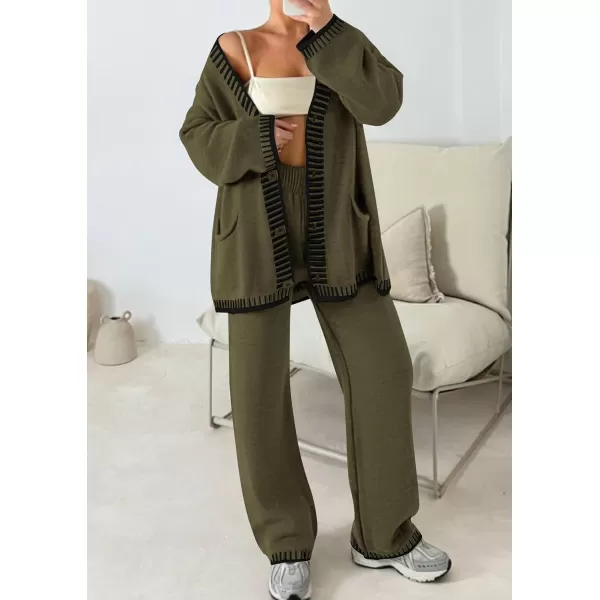 PRETTYGARDEN Womens 2 Piece Outfits Knit Matching Lounge Sets Long Sleeve V Neck Cardigan Sweaters Wide Leg Pants TracksuitsKhaki Green
