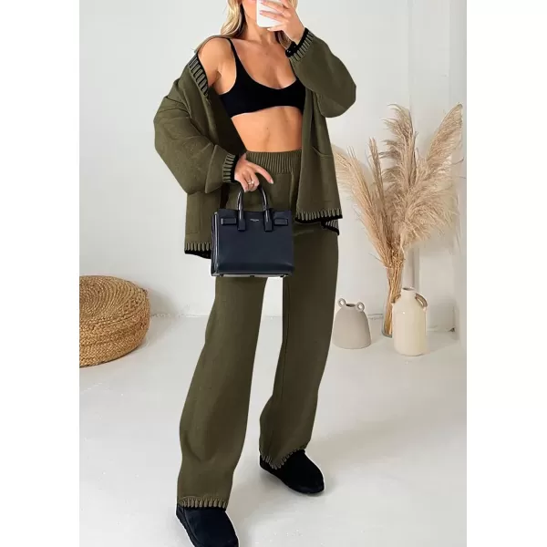 PRETTYGARDEN Womens 2 Piece Outfits Knit Matching Lounge Sets Long Sleeve V Neck Cardigan Sweaters Wide Leg Pants TracksuitsKhaki Green