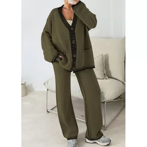 PRETTYGARDEN Womens 2 Piece Outfits Knit Matching Lounge Sets Long Sleeve V Neck Cardigan Sweaters Wide Leg Pants TracksuitsKhaki Green