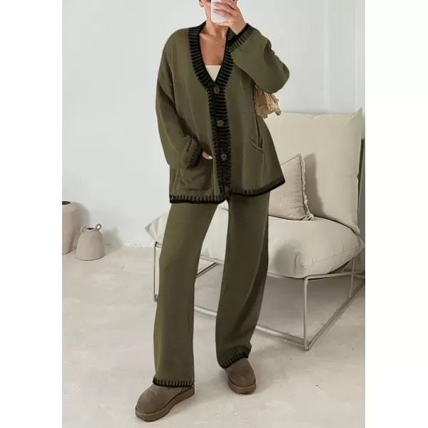 PRETTYGARDEN Womens 2 Piece Outfits Knit Matching Lounge Sets Long Sleeve V Neck Cardigan Sweaters Wide Leg Pants TracksuitsKhaki Green