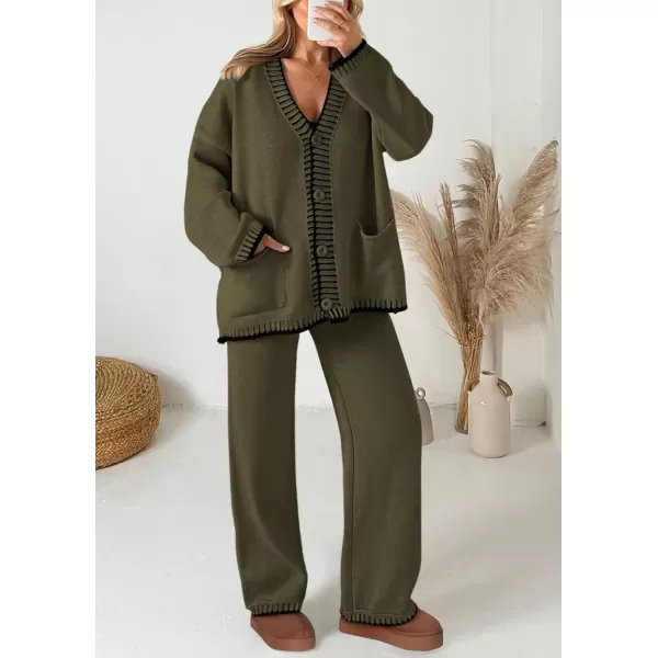 PRETTYGARDEN Womens 2 Piece Outfits Knit Matching Lounge Sets Long Sleeve V Neck Cardigan Sweaters Wide Leg Pants TracksuitsKhaki Green