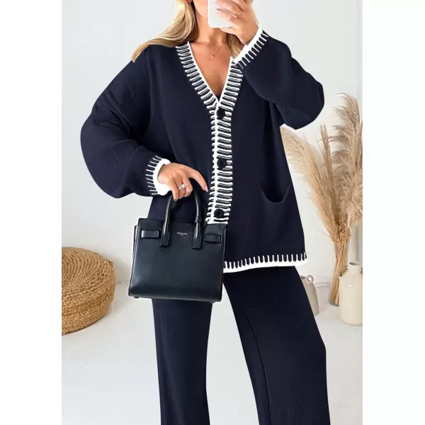 PRETTYGARDEN Womens 2 Piece Outfits Knit Matching Lounge Sets Long Sleeve V Neck Cardigan Sweaters Wide Leg Pants TracksuitsNavy