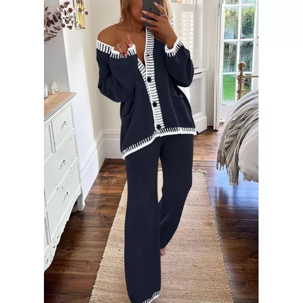 PRETTYGARDEN Womens 2 Piece Outfits Knit Matching Lounge Sets Long Sleeve V Neck Cardigan Sweaters Wide Leg Pants TracksuitsNavy