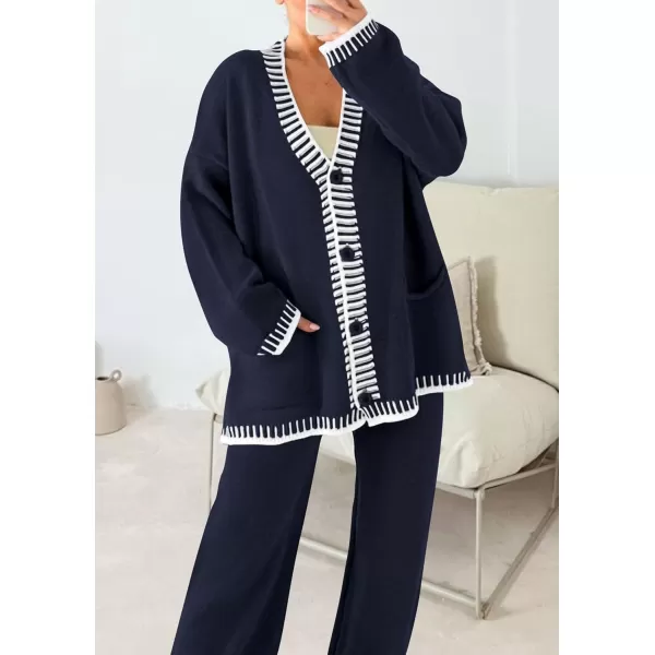PRETTYGARDEN Womens 2 Piece Outfits Knit Matching Lounge Sets Long Sleeve V Neck Cardigan Sweaters Wide Leg Pants TracksuitsNavy