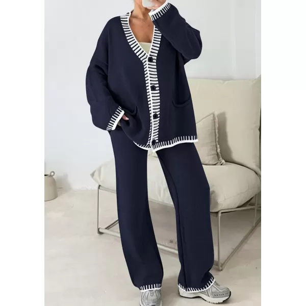 PRETTYGARDEN Womens 2 Piece Outfits Knit Matching Lounge Sets Long Sleeve V Neck Cardigan Sweaters Wide Leg Pants TracksuitsNavy
