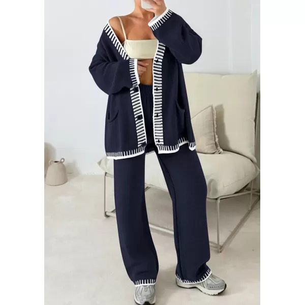 PRETTYGARDEN Womens 2 Piece Outfits Knit Matching Lounge Sets Long Sleeve V Neck Cardigan Sweaters Wide Leg Pants TracksuitsNavy