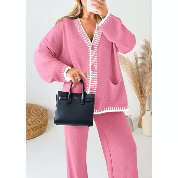 PRETTYGARDEN Womens 2 Piece Outfits Knit Matching Lounge Sets Long Sleeve V Neck Cardigan Sweaters Wide Leg Pants TracksuitsPink