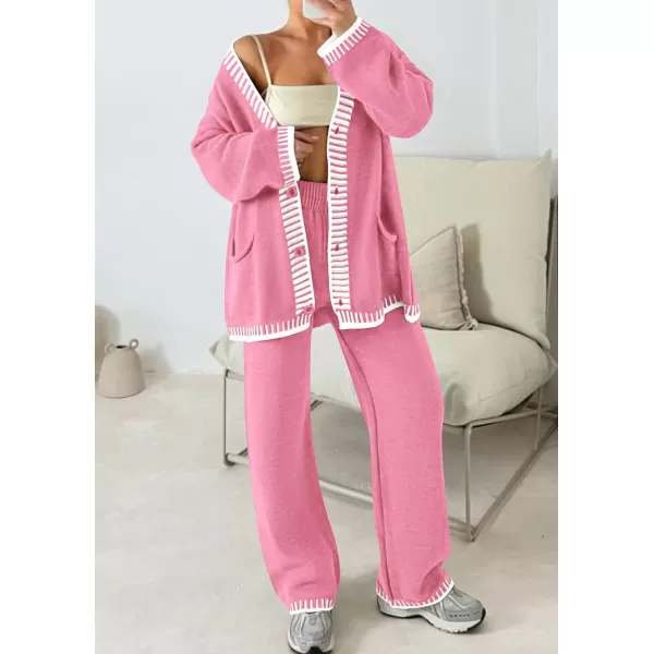 PRETTYGARDEN Womens 2 Piece Outfits Knit Matching Lounge Sets Long Sleeve V Neck Cardigan Sweaters Wide Leg Pants TracksuitsPink